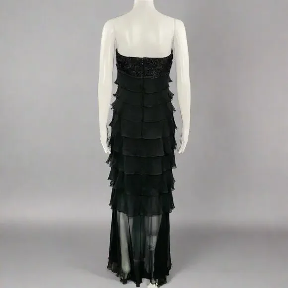SHAWN RAY FONS Size 6 Black Silk Lace Ruffle Long Cocktail Dress